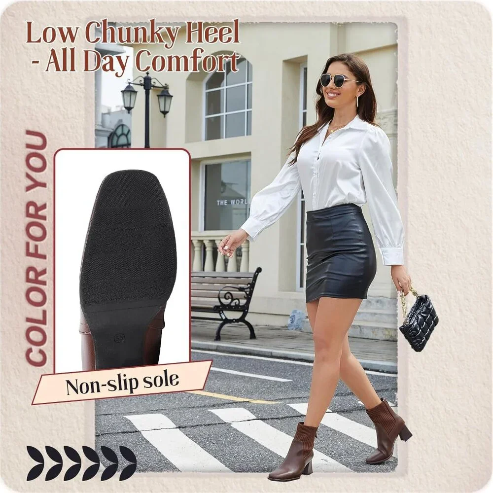 Women's Back Zipper Square Toe Ankle Chelsea Heel Comfortable Brown Boot - Picture 6 of 6